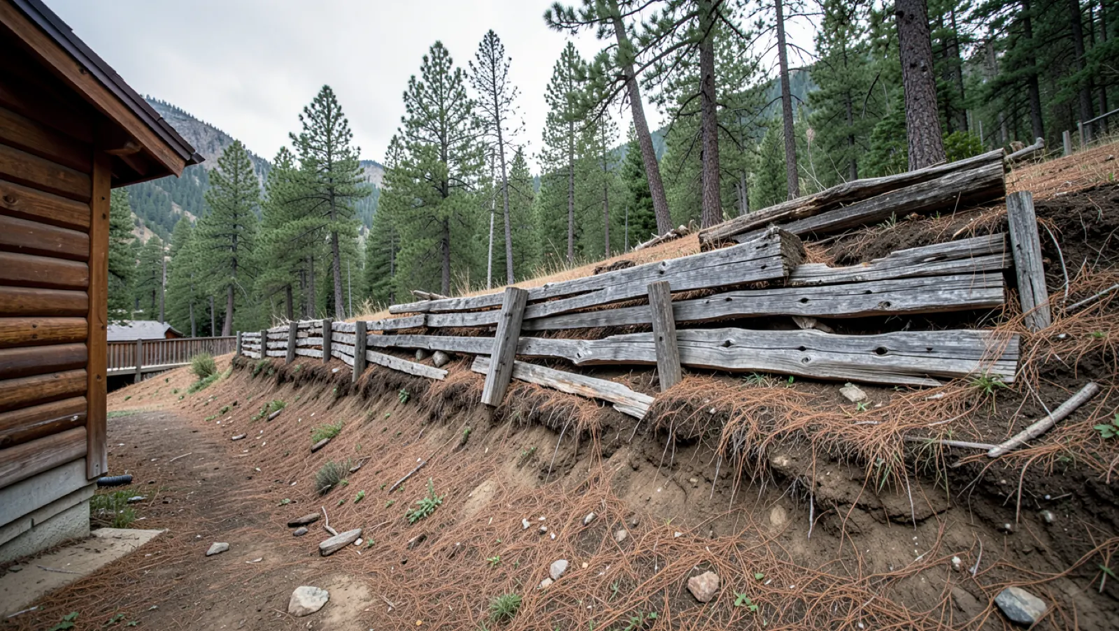 Failing timber retaining wall bowing on a steep lot, before