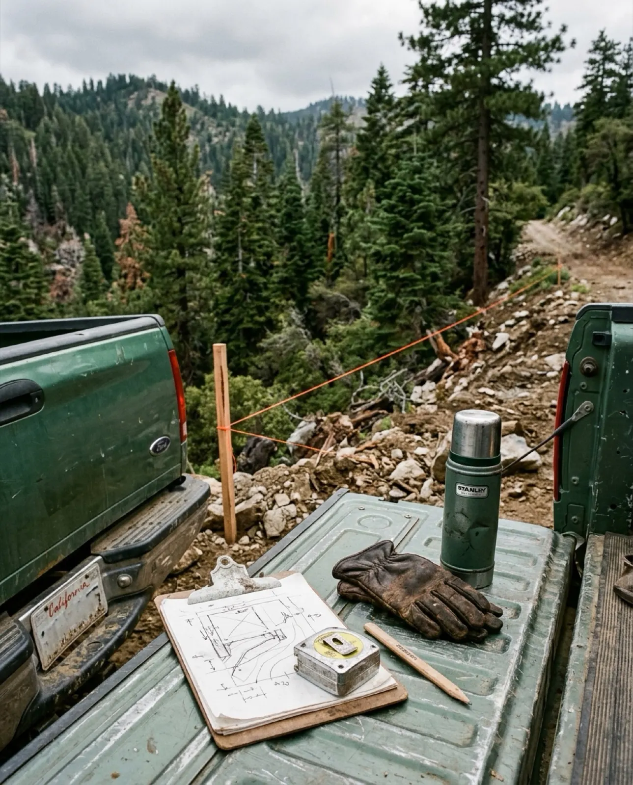 Site plan, tape and gloves on a truck tailgate at a mountain lot